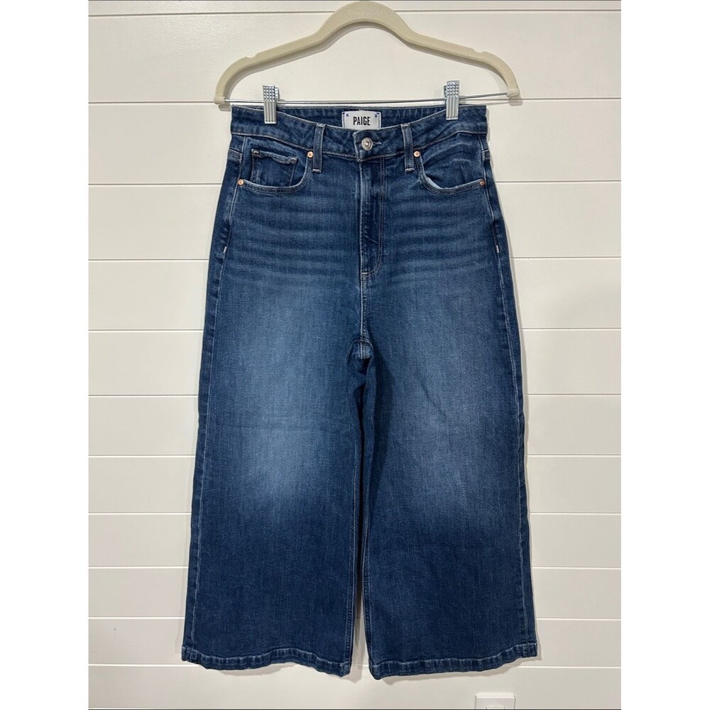 PAIGE Dark Blue Wide-Leg Cropped Jeans